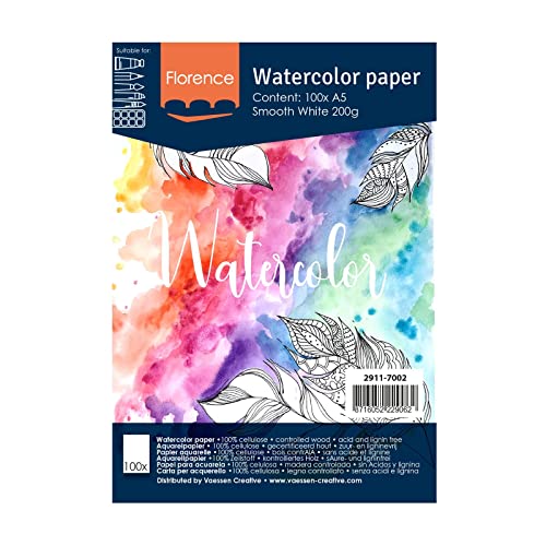 Florence Akvarellpapper Slätt, Vattenfärgspapper för Akvarelltekniker A5, Vit, Akvarellark Målning, Scrapbooking och Pappershantverk, 200 Gsm 8716052229062